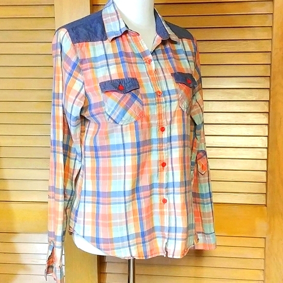 Passport Tops - Western Style Plaid Cotton Long Sleeve Large